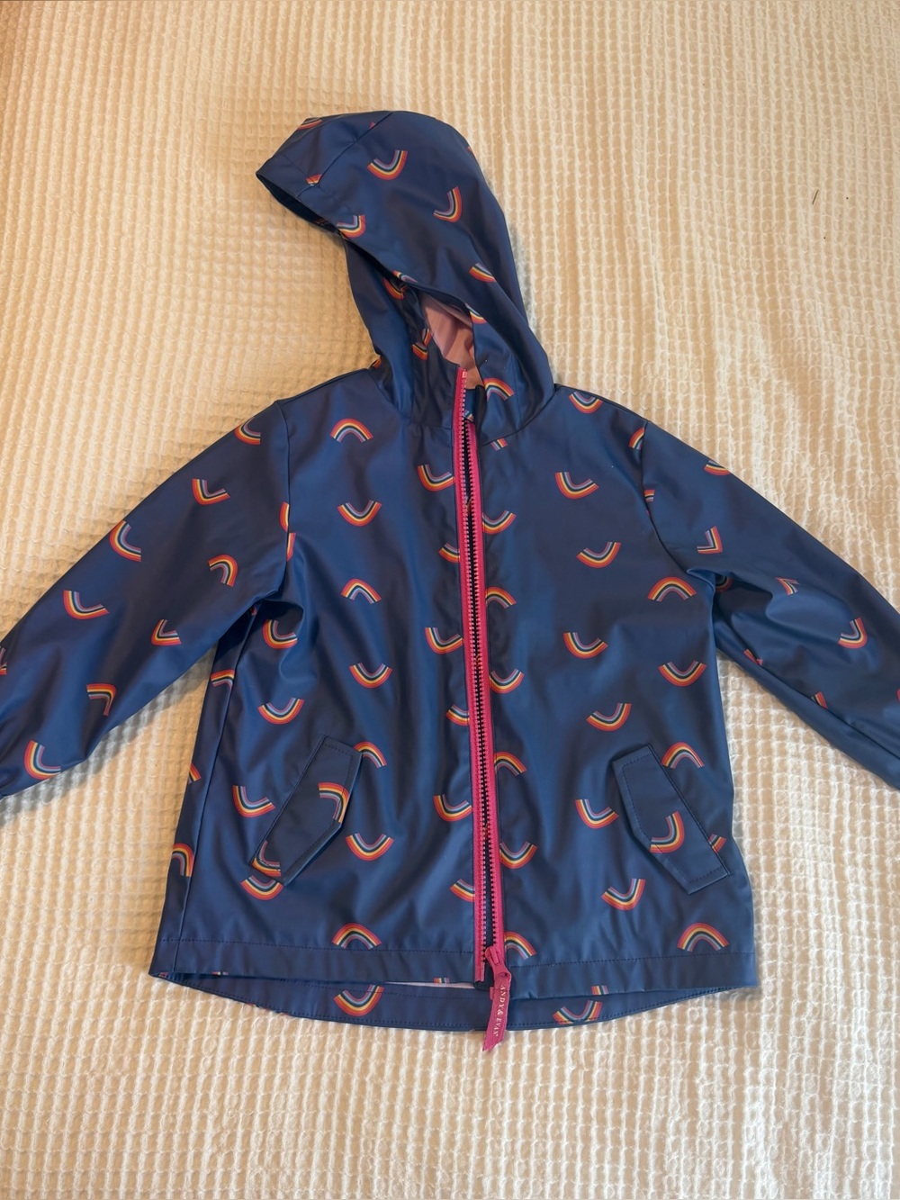 Andy & Evan Navy Raincoat with Pink-Trim Rainbow Print